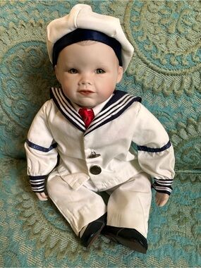 “Matthew” Sailor Boy Porcelain Doll in White, Navy & Red
